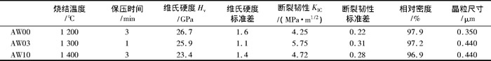 表2 SPS法制備的AW00、AW03和AW10陶瓷的常溫力學(xué)性能和顯微結(jié)構(gòu)特征